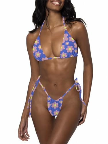 LUNNTE Damen Bikini Set Sexy Tanga String Bikini Badeanzüg Zweiteiliger Triangel mit Ring Badebekleidun Verstellbare Bademode Unterteil Seitlicher Schnürung (Blaue und rote Blumen, Small)
