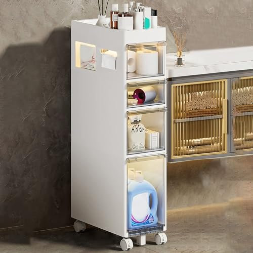 Armadietto da bagno stretto da 22,9 cm, con cassetti e rotelle, 4 ripiani, per piccoli spazi e sotto il lavandino