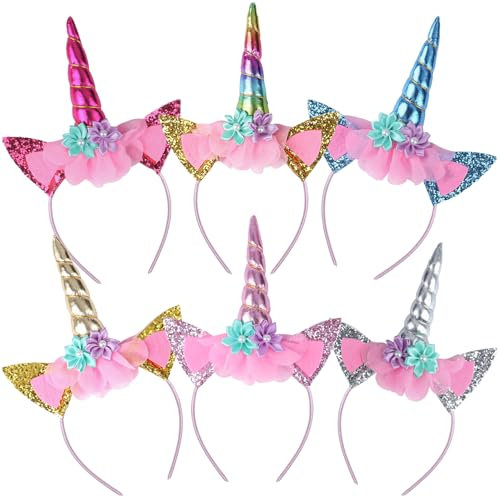 BELLALICHT 6 Stück Einhorn Stirnband, Einhorn-Kinder Haarbänder, Unicorn Horn Stirnband mit Ohren und Blumen, Einhorn Geburtstag Haarreif, verwendet für Ostern, Geburtstage,Partys