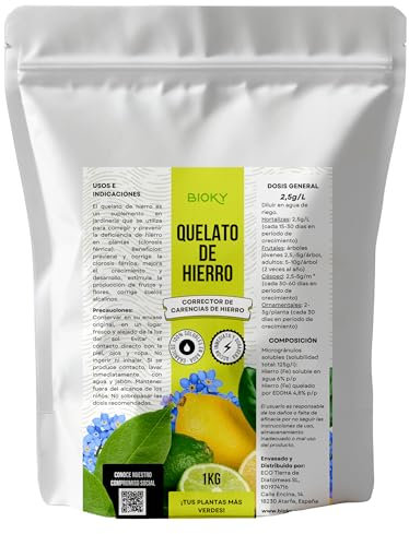 Bioky Quelato de Hierro para Plantas 1kg – Soluble en Agua, Rápido y Eficaz – Evita la Clorosis Férrica y Amarilleo de las Hojas (Poder Reverdeciente) – Todo tipo de Cultivos (1 KG)