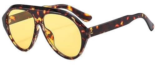Long Keeper Trendige üBergroßE Sonnenbrille FüR Damen Und Herren Ovale Pilot Brille Retro Ovale Sonnenbrille UV400 (Leopard Gelb)