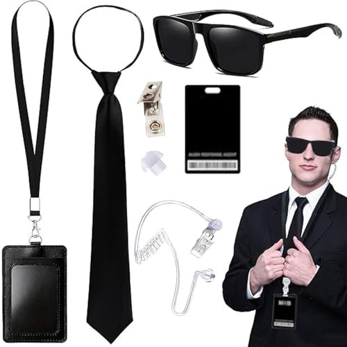 7 Pcs Men In Black Costume Accessories, Agent Costume Accessories, Spy Gadgets, Spy Kit, With Black Sunglasses Zip Tie Earpiece Id Card Necktie And Card Holder For Men Women Kids
