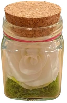 Rose éternelle blanche. Verre avec couvercle en liège. Rose blanche éternelle préservée. Rose blanche préservée. Fleurs préservées. Mousse préservée.