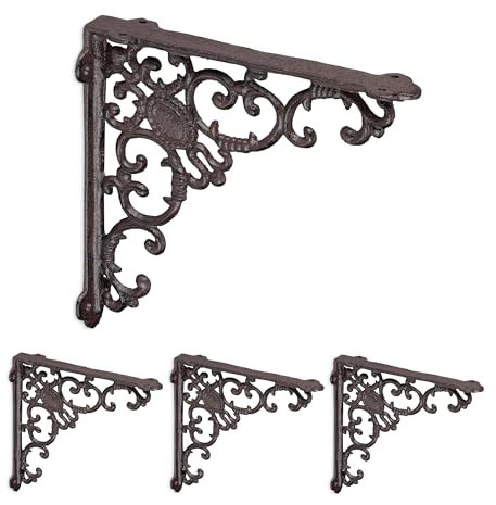 Relaxdays Regalwinkel, 4er Set, Gusseisen, antike Regalträger, Winkel Regalbretter, HxBxT: 21,5 x 4 x 21,5 cm, braun