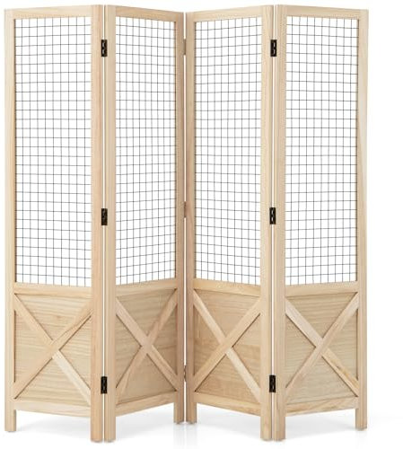 GOPLUS Raumteiler 4-teilig, klappbarer Sichtschutz aus Holz mit Metallgitter, Paravent Trennwand Dekorativ für Balkon, Wohnzimmer & Büro, 151 x 144 cm, Natur