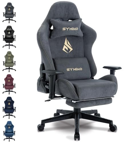 Symino Chaise Gaming Ergonomique et Fauteuil Gamer avec Repose-Pieds Télescopique Coussin à Ressorts, Support Lombaire et Hauteur Réglable 200kg (Faux Daim, Gris)