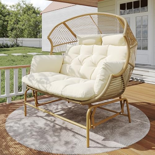 Moimhear Garten-Schaukelstuhlfür Zwei Personen, Patio Hängesessel, Outdoor Swing Egg Chair,Schwingsessel,Gartenschaukel, Verandaschaukeln für den Garten, Balkon oder Terrasse, Holzfarbe (Natural)