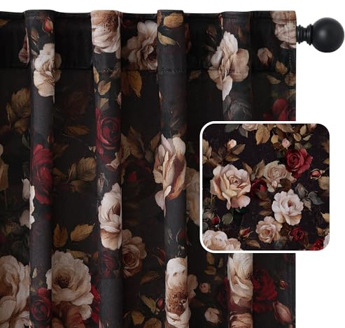 StangH Vintage-Boho-Schlafzimmer-Vorhänge, 243,8 cm lang, schwarzer Blumen-Samt, stimmungsvolle Vorhänge, vertikales Blütenmuster, Thermovorhänge für Wohnzimmer, Büro, B 52 x L 96 cm, 2 Paneele