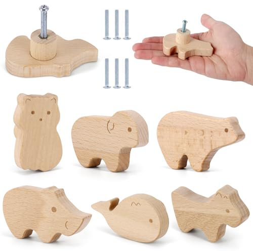 Miawtro Wooden Door Knobs, 6 Pack Animal Shape Knobs with Screws, Natural Wooden Drawer Knob Easy to Install, Wardrobe Door Knob Children's Room Furniture Decoration for Cabinets, Wardrobes, Drawers