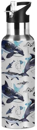 Mexpekil Watercolor Ocean Animal Dolphin Water Bottles 600ml Insulated Stainless Steel Water Bottle with Straw Leakproof Vacuum Flask for Kids Adults