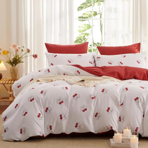 Tospass Mädchen Bettwäsche 135x200cm Weiß Rot Kirsche Schleifen Bettwäsche Set Mikrofaser Kinderbettwäsche Teen Bettbezug 1 Deckenbezug mit Reißverschluss und 1 Kissenbezug 80x80cm