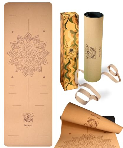 Edelwelt Yogamatte aus Kork – rutschfest & nachhaltig – 183×61 cm mit 5 mm dicker Matte, Tragegurt & Lasergravur-Design für Yoga, Pilates, Gym & Sport – für Anfänger & Geübte