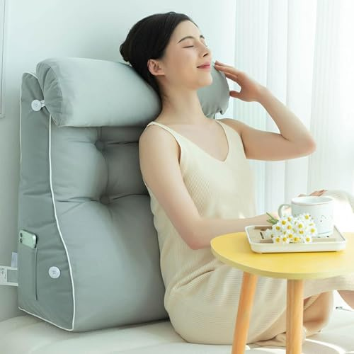 Lese- Und Tv-Kissen, Keilkissen, Rückenstützkissen, Bettruhekissen, Professionelles Rückenkissen, Schlafsofa Mit Dreieckiger, Cool Silk - Light Gray, 55×60×30CM (with headrest)