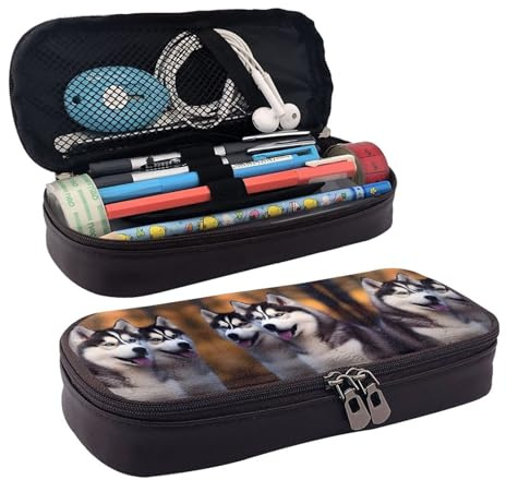 Husky Dog Premium Leder Flip Federmäppchen - Stilvolles braunes Leder-Federmäppchen mit Reißverschluss, Mehrzweck für Schule, Büro, Reisen & Kosmetik, Schwarz , Einheitsgröße, Taschen-Organizer