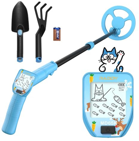 Raddy MD65K Detector de Metales para Niños, Ligero y Ajustable para Caza de Tesoros, Bobina Impermeable IPX7 16,5 cm, Pantalla LCD Divertida, Niños 3–12 años, Azul