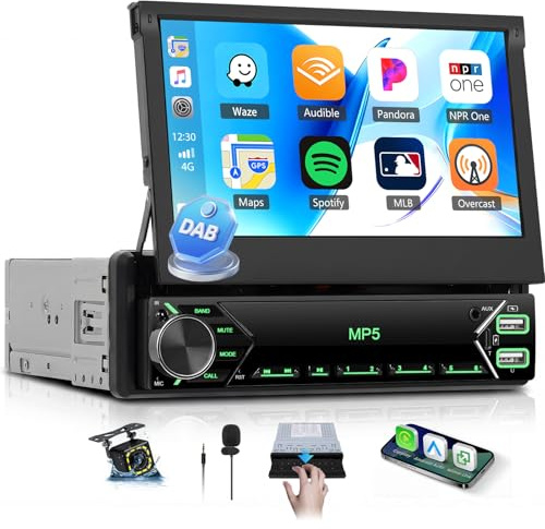 SIXTOP Dab+ Radio 1 DIN con CarPlay & Android Auto Inalámbricos, 7 Pulgada Pantalla Coche Extraíble Radio Coche 1 DIN con EQ FM Bluetooth Radio Type-C USB AUX Mirror Link SWC Cámara de Marcha