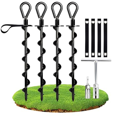 JIYANA Anclajes de Suelo 36 cm, Piquetas de Acero para Atornillar, Anclaje Tierra Heavy Duty para Trampolín, Tiendas de Campaña, Columpios y Camping, Estacas de Fijación Antióxido para Uso Exterior,4