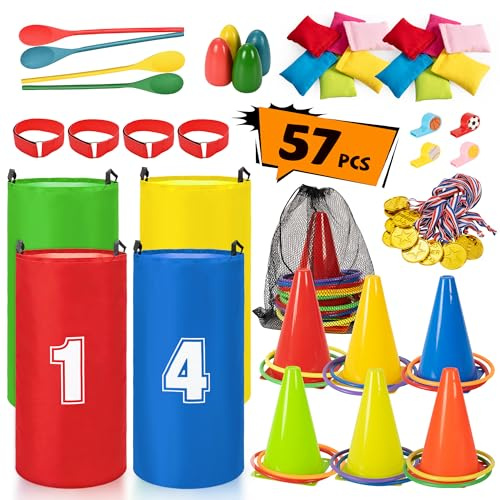 ROPODA Sports Day Kit, 57 PCS Outdoor Games Set, Potato Sack Bags for Kids Adults, Egg and Spoon Race, Plastic Cones, Balls Ring Toss, 3 Legged Race Bands, Garden Games for Kids