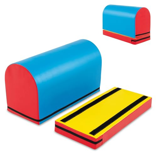 COSTWAY 2 teilige-Softbausteine, Schaumstoff Bausteine mit Turnmatte zum Turnen, Turnhilfe Sprungmatte für Kinder 3-10 Jahren, für zuhause, Fitnessstudio, Schule (Blau)