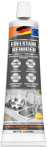 Edelstahlreiniger, 100ml Reinigungsmittel und Pflegemittel für Edelstahlspülen, Entfernt Kratzer von Edelstahl, Reduziert Sichtbare Kratzer & Stellt den Glanz Wieder Her