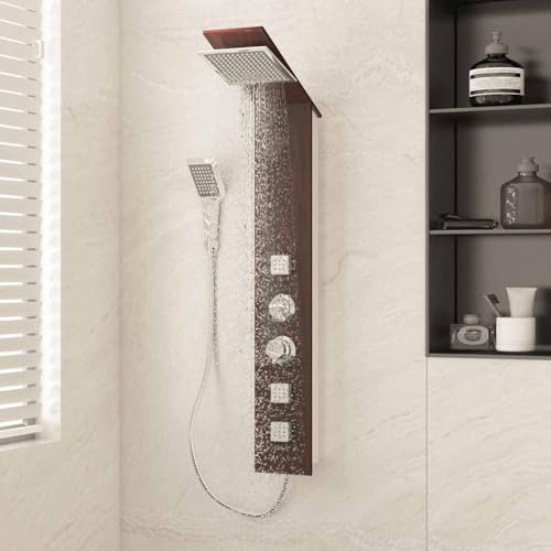 Système de panneau de douche en verre marron avec grain de bois - Cabine de douche multifonction avec douche de pluie, buses de massage et pommeau de douche à main pour une expérience de douche unique
