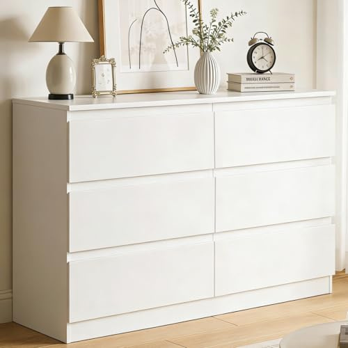 YOUDENOVA Kommode mit 6 Schubladen, Weiß Holz Kommode für Schlafzimmer Flur Wohnzimmer, Komodenschrank 40cm Tief, Schubladenschrank 120 cm Breit, Modern Möbel, 120 x 40 x 75 cm