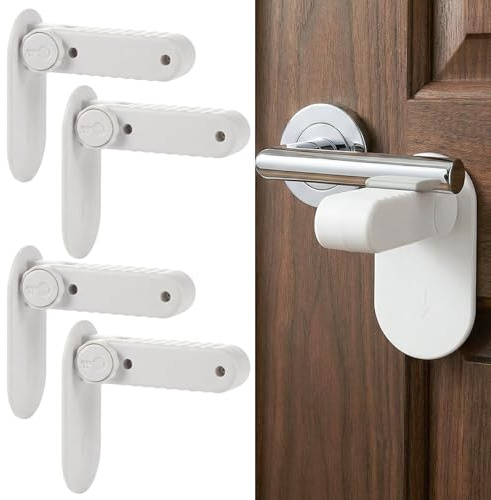 4 Pcs Childproof Door Handle Locks, Door Lever Safety Lock with Strong Adhesive, No Drill Design Childproof Lever Lock for Bedroom, Bathroom, Kitchen, Easy to Install, White