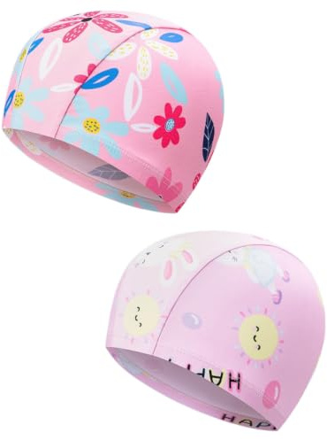 GAJUS 2 Pezzi Cuffie da Nuoto per Bambini in Tessuto Poliestere Morbido, Cuffia Piscina per Bambina e Bambino 1-6 Anni, Set di 2 Cuffie Neonati Piscina con Stampa Carina