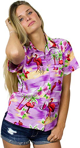 King Kameha Funky Hawaii-Bluse-Hemd, Damen, Kurzarm, Flamingos, Violett, XXL