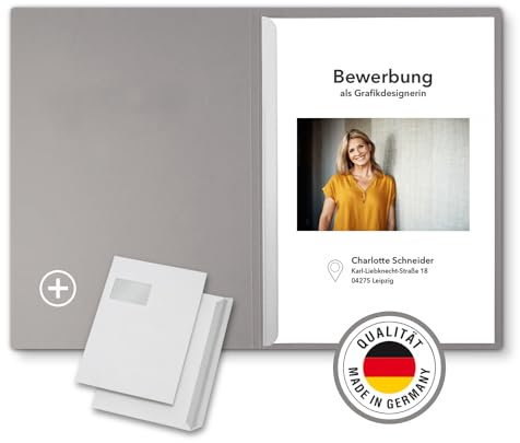 3 Stück 2-teilige Bewerbungsmappen Grau mit 1 Klemmschiene in feinster Lederstruktur - inkl. 3 Versandumschläge im C4-Format mit Fenster