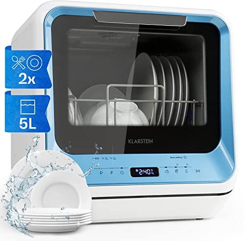 Klarstein Mini Dishwasher, 2 Place Setting, Quiet Operation w/ 7 Washing Programs, Portable & Easy To Install