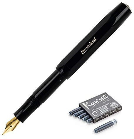 Kaweco Classic Sport Fine Nib Fountain Pen + Pack of 6 Black Ink Cartridges Set (Black)