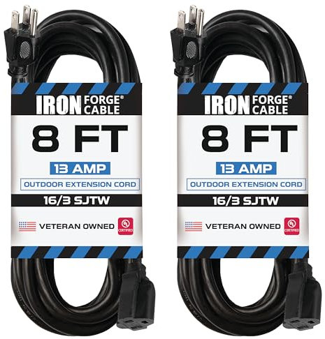 FQQF 2 Pack of 8 Ft Outdoor Extension Cords - 16/3 Durable Black Extension Cord Pack