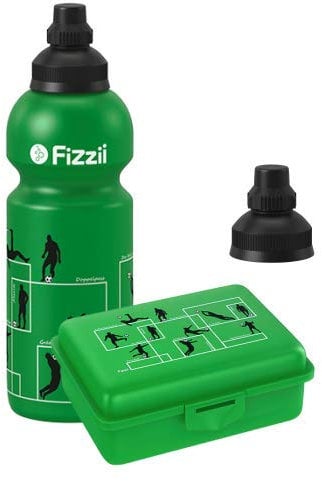 Fizzii Set Trinkflasche 600ml + Lunchbox inkl. Obst-/ Gemüsefach (schadstofffrei, spülmaschinenfest, Motiv: Spielzüge Fußball)