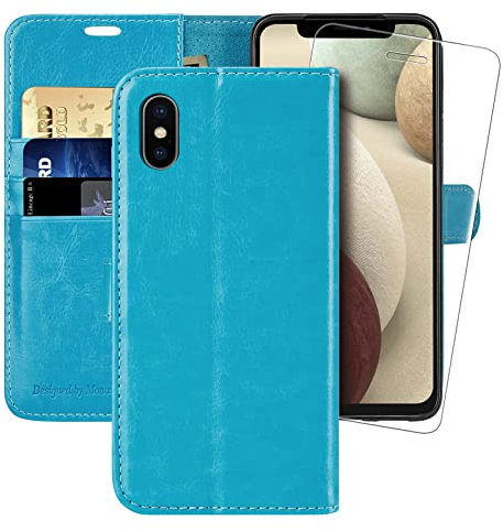 MONASAY iPhone XS Wallet Case/iPhone X Wallet Case,5.8-inch [Glass Screen Protector Included] Flip Folio Leather Cell Phone Cover with Credit Card Holder for Apple iPhone XS/X,Light blue