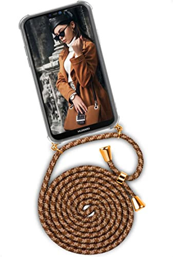 ONEFLOW Handykette für Huawei P20 Lite Hülle mit Band, Handyhülle mit Kette abnehmbar, Handyband zum Umhängen, Handy Umhängeband Lange Handykordel, Twist Case – Beige Braun