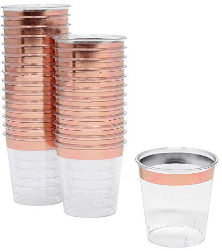 Just Artifacts 1oz Plastic Shot Glasses (120pcs, Metallic Rose Gold Rim)