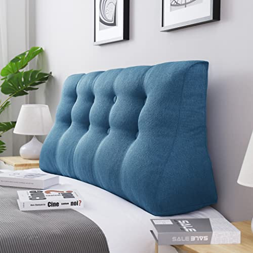 VERCART 55cm Hoches Dickes Rückenkissen Lang Keilkissen Rückenlehne Kissen Großes Wandkissen Lesekissen Nackenstüzkissen Lendenkissen für Bett Kopfteil Gepolstert mit Waschbar Bezug Leinen Blau 120cm