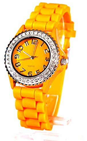 HAC24 Armbanduhr Quarz Damen mit Glitzersteinen Damenuhr Analog Sportuhr Orange Silikon Armband Uhr Quarzuhr Analoguhr