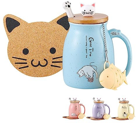 BigNoseDeer Cute Mugs Kawaii Cat Mug Ceramic Coffee Mug Tea Cup with Infuser and Lid Spoon Tea Mug Cute Cool Preppy Stuff Gifts for Women (Blue 13oz)