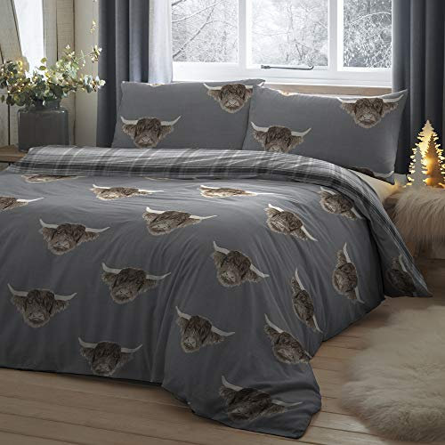 Fusion - Highland Cow - Pflegeleichtes Bettbezug-Set - 1 Stück, King-Size-Bett in Grau
