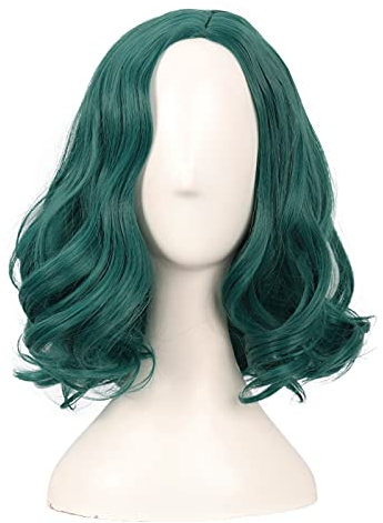 MapofBeauty 14 Zoll/35 cm Kurze Lockige Bob Perücke Shoulder Lange Side Part Pony Synthetische Faser Wavy Haarfasern für Pretty Partys Cosplay (Dunkel Pine grün)