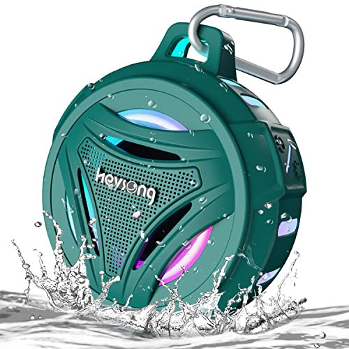 Bluetooth Speaker with RGB Lights, Heysong IPX7 Waterproof Portable Shower Speaker with Hook, w/HD Sound, Bass, 36H Playtime, True Stereo Wireless Mini Speaker for Outdoor, BBQ, Golf Accessories-Green