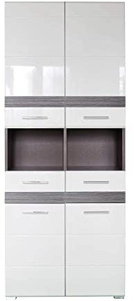 Newfurn Hochschrank Weiß Hochglanz Sardegna Rauchsilber Badezimmerschrank Modern - 73x182x31 cm (BxHxT) - Badschrank Hochschrank - Badezimmer Bad