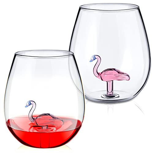 Patelai 2 Stück Weingläser Copa Glas Kreative Gingläser für Frauen Männer Kristall Weinglas ohne Stiel Geschenke Mit Flamingo im Inneren für Valentinstag Hochzeit Jahrestag Bar