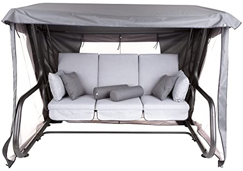 PATIO Hollywoodschaukel 4 Sitzer mit Liegefunktion 179 cm Venezia Lux Sitzpolster hellgrau Sonnendach Moskitonetz Seitentische Dekokissen