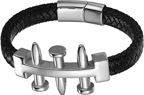 JewelryWe Schmuck Armband Herren Lederarmband Punk Rock Hiphop Nägel Nagel Spike Leder Geflochten Armreif Handgelenk Manschette mit Edelstahl Magnetverschluss, Schwarz Silber