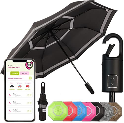 Quick Safety® wander- trekking-Regenschirm taschenschirm herren-damen-schirm jungen-regenschirm auf-zu-automatik sturmfest reflektierend Karabinerhacken-Griff-Design (slate schwarz)