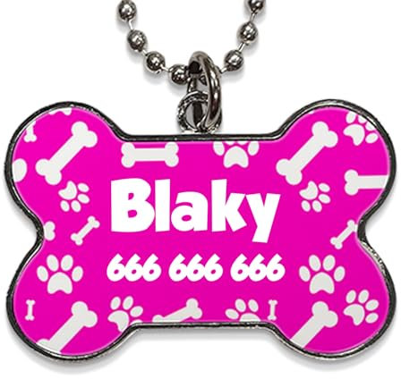 LolaPix Chapa Perros Personalizadas con foto, texto o imagen. Placas para Perros. Chapa metálica con forma de hueso. Regalo personalizado. HUELLAS ROSAS