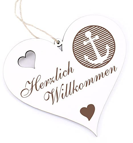 Herzlich Willkommen Schild - Anker auf Patch - Deko Herz Holz Willkommensschild Türschild Dekoschild Türdeko